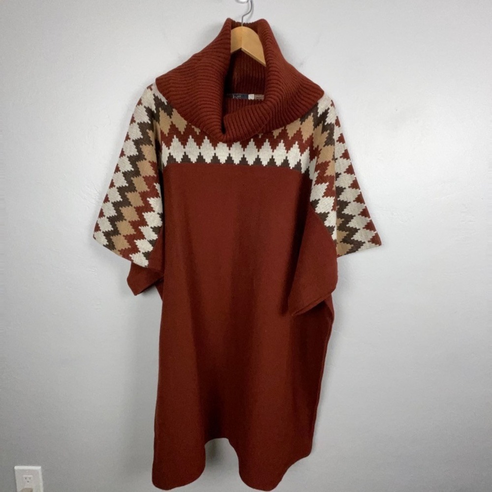 Vtg Bonnie Lee Poncho OS Brown Cowl Neck Knit Cape Geometric Southwestern Aztec